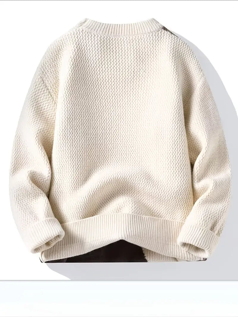 Patchwork Textured Knit Sweater – Beige & Brown Colorblock Winter Pullover with Pocket Detail