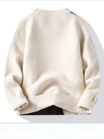 Patchwork Textured Knit Sweater – Beige & Brown Colorblock Winter Pullover with Pocket Detail
