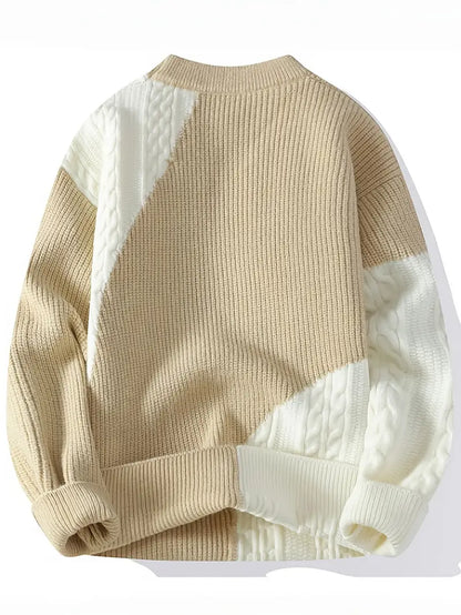 Green & White Patchwork Cable-Knit Sweater – Soft Winter Pullover with Decorative Stitching