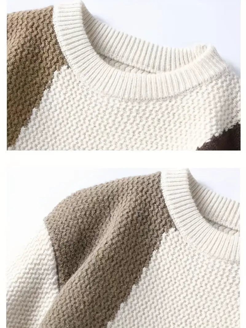 Patchwork Textured Knit Sweater – Beige & Brown Colorblock Winter Pullover with Pocket Detail