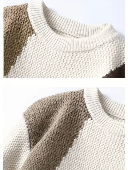 Patchwork Textured Knit Sweater – Beige & Brown Colorblock Winter Pullover with Pocket Detail