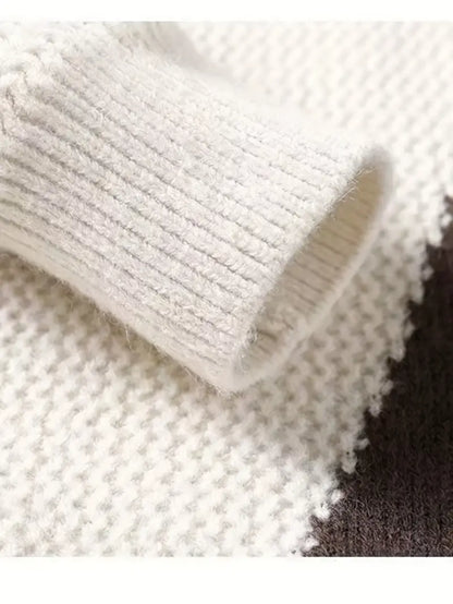 Patchwork Textured Knit Sweater – Beige & Brown Colorblock Winter Pullover with Pocket Detail