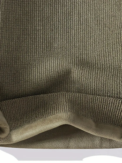 Beige Fleece-Lined Knit Sweater – Thick Winter Pullover with Embroidered Chest Logo