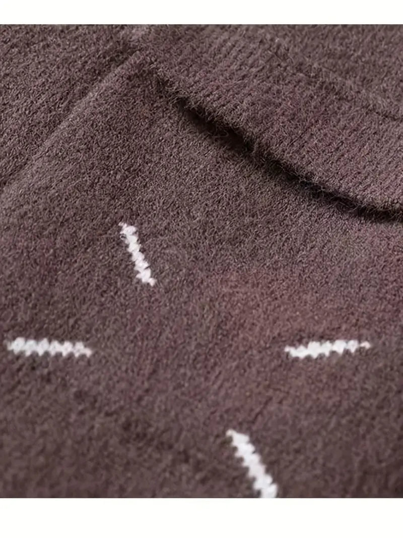 Patchwork Textured Knit Sweater – Beige & Brown Colorblock Winter Pullover with Pocket Detail