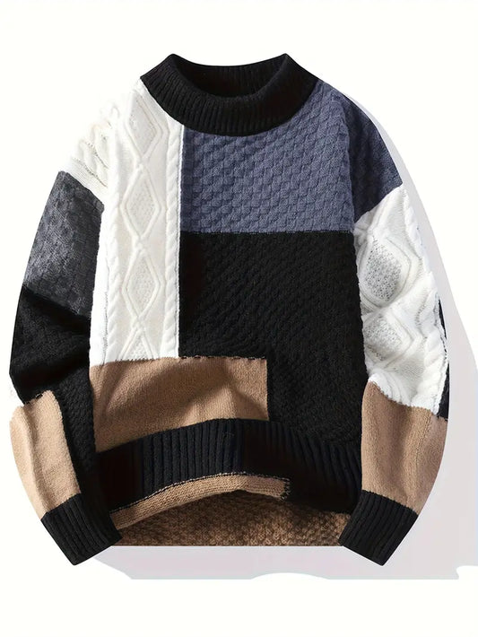 Men’s Patchwork Colorblock Chunky Knit Sweater – Thick Winter Warm Textured Pullover