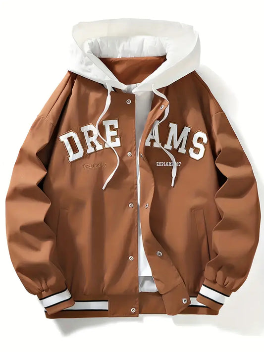 Men’s “DREAMS” Hooded Varsity Jacket – Casual Streetwear Letterman Coat with Embroidered Patch Details