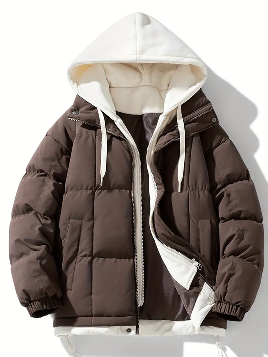 Men’s Brown Hooded Winter Puffer Jacket – Thick Warm Insulated Coat with Layered Hoodie Design