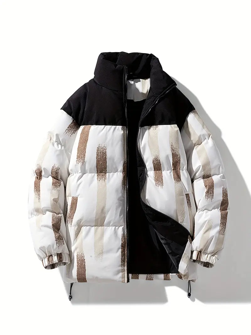 Men’s Printed Winter Puffer Jacket – Thick Warm Abstract Pattern Coat with High Collar (Black/White/Brown)