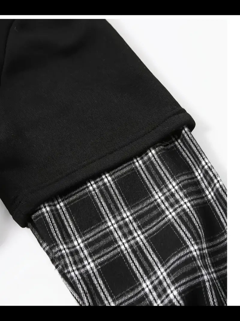 Men’s Layered Plaid Sleeve Hoodie – Trendy Streetwear Pullover with Plaid Hood & Pocket
