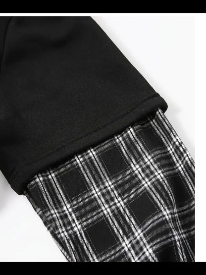 Men’s Layered Plaid Sleeve Hoodie – Trendy Streetwear Pullover with Plaid Hood & Pocket