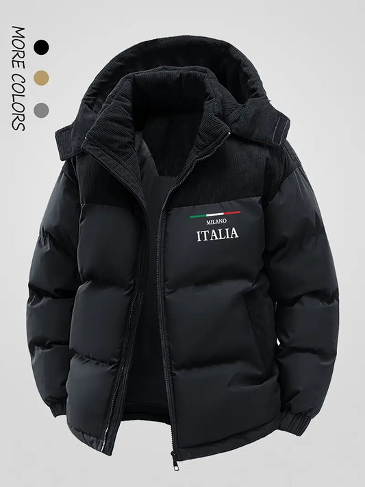 Men’s Corduroy Panel Puffer Jacket – Thick Warm Winter Hooded Coat with “Milano Italia” Embroidery